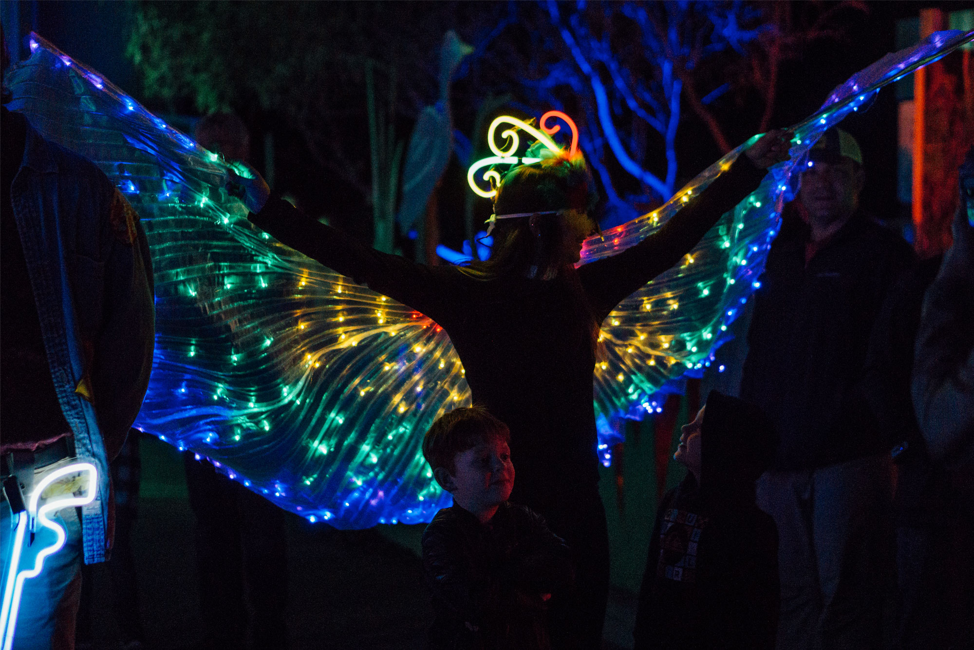Picture of a festival goer wearing LED wings.