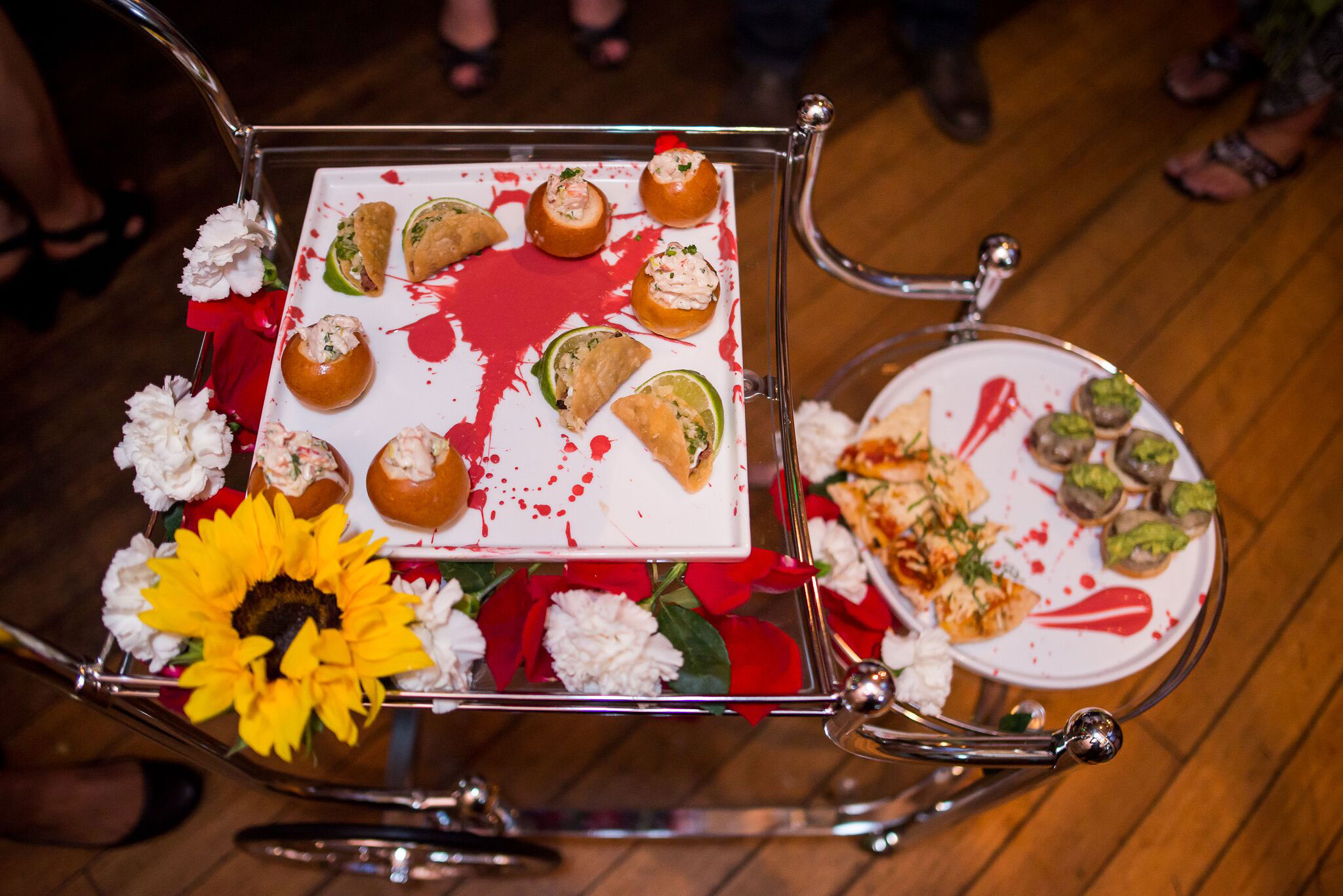 Picture of hors d'oeuvres on a cart. 
