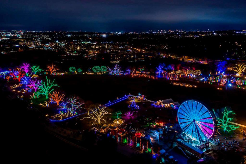 Aerial view picture of Holiday light installation event Trail of Lights in Zilker Park. 
