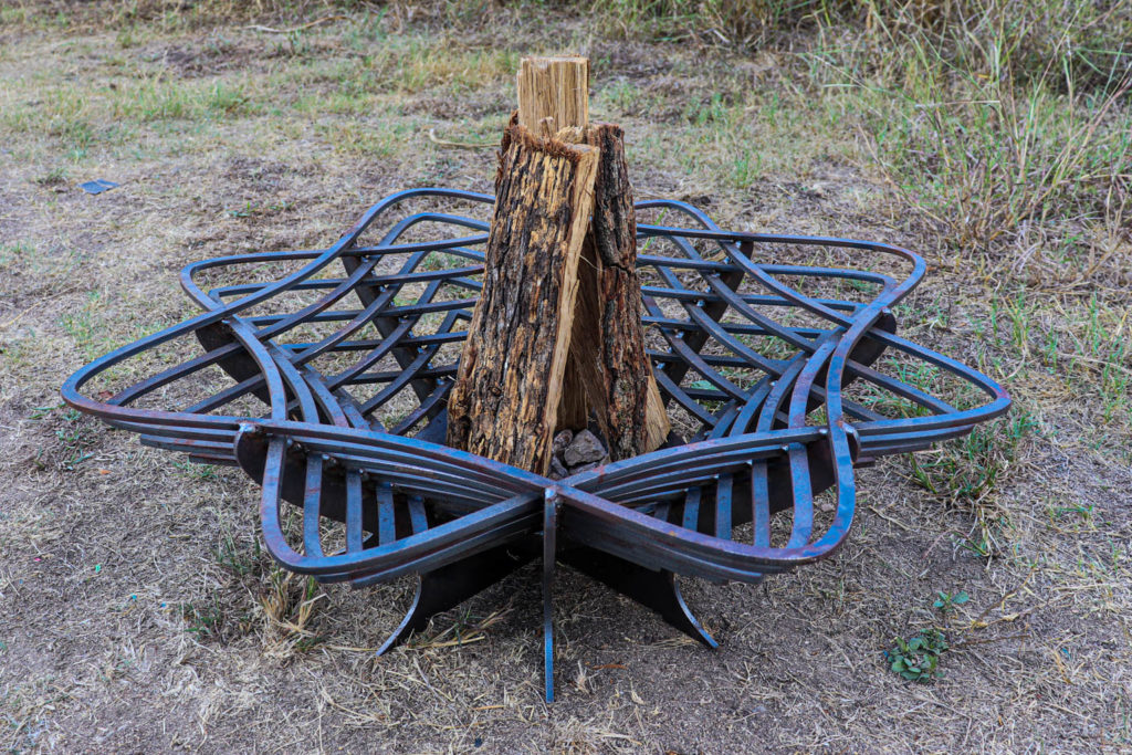Picture of the Bloom Fire Pit with fire wood inside.