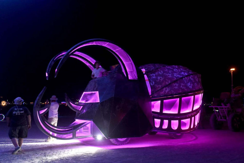 Picture of LED lighting on a rhinoceros beetle art car for Burning Man